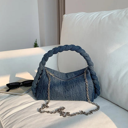 Damen Denim Umhängetasche – Handgewebte Tasche mit Kettenriemen - Christina