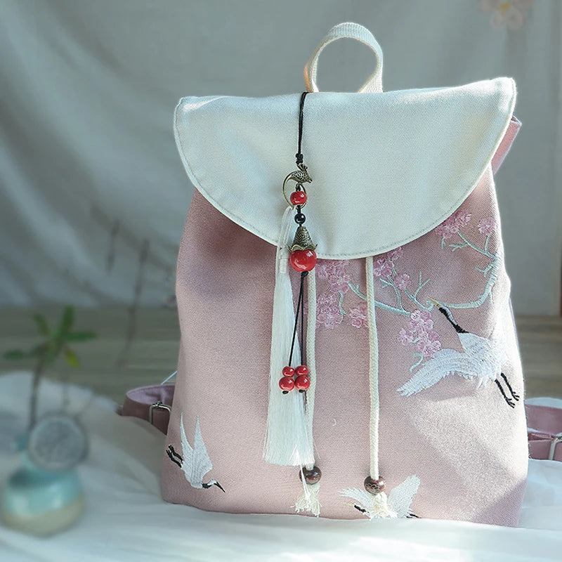 Damen-Rucksack im chinesischen Stil – Bestickte Leinwand-Tasche mit Blumen und Quasten