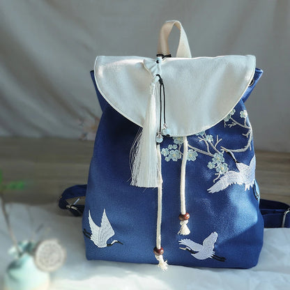 Damen-Rucksack im chinesischen Stil – Bestickte Leinwand-Tasche mit Blumen und Quasten