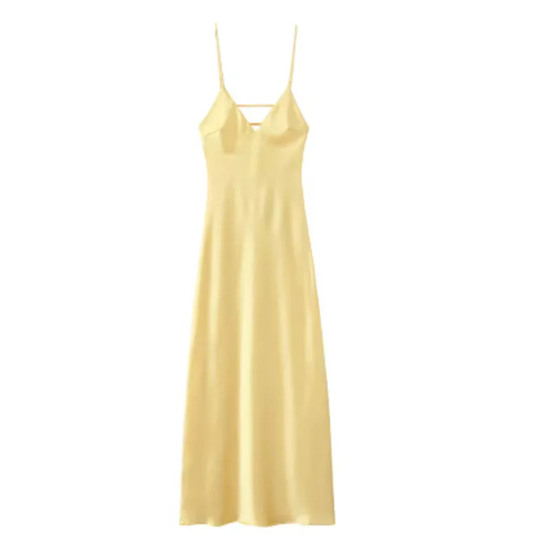 Backless Summer Dress Women 2025 – Long Yellow Dress with V-Neck & Straps for Beach & Party