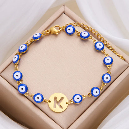 Glücksarmband mit Blauem Auge und Schutz-Anhänger – Edelstahl Kettenarmband mit Initialen A-Z, Böser-Blick Schmuck für Damen