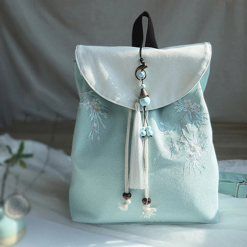 Damen-Rucksack im chinesischen Stil – Bestickte Leinwand-Tasche mit Blumen und Quasten