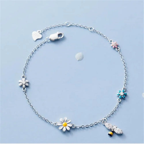 925 Sterling Silber Charm-Armband mit Zirkonia, Quaste, Gänseblümchen und Bienen-Anhänger – Eleganter Schmuck für Damen und Mädchen, Hochzeit und Party