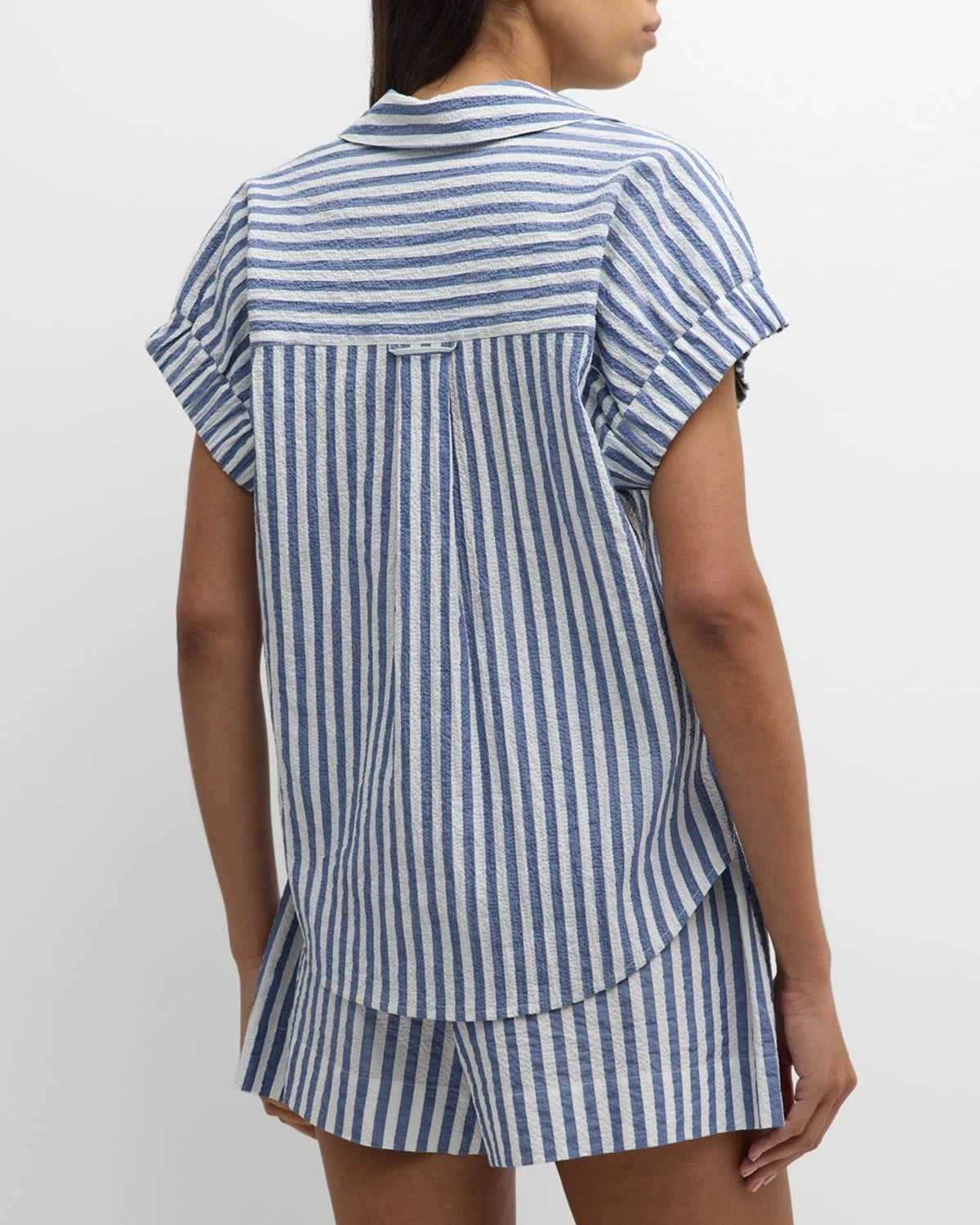 2025 Sommer Kurzärmliges V-Ausschnitt Gestreiftes Blau/Weiß Gestreiftes Shorts-Set für den täglichen Büro-Casual-Look für Frauen