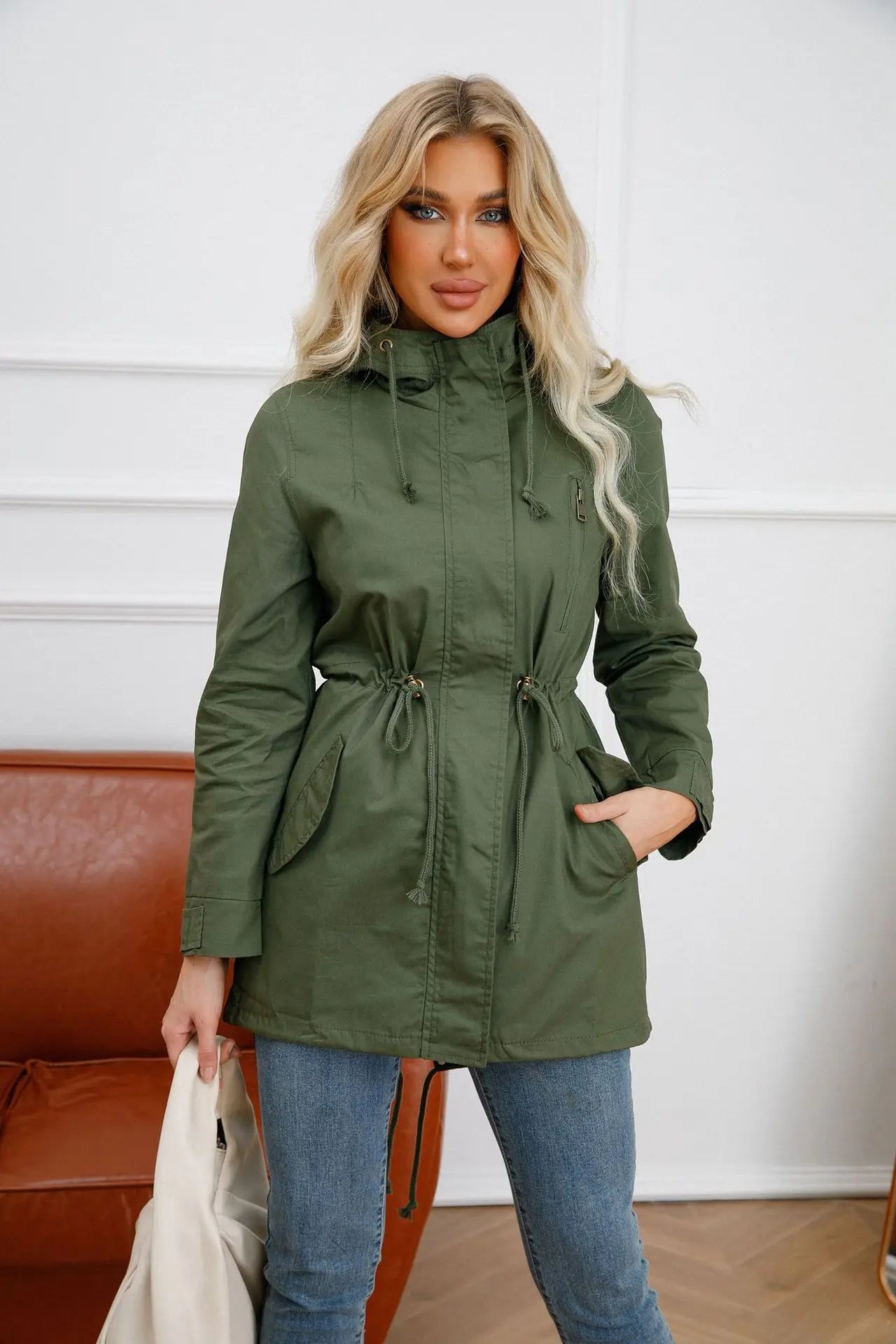 Women's zipper windbreaker with drawstring