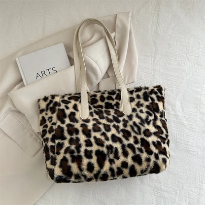 Große Plüsch Leopard-Print Umhängetasche – Winter Faux-Pelz Shopper für Frauen