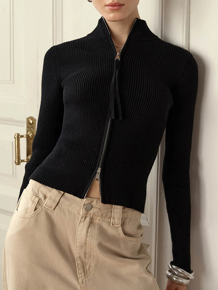 Women's knit cardigan winter – fashionable zipper cardigan with collar & patchwork | fine knit, long sleeve, warm & elegant