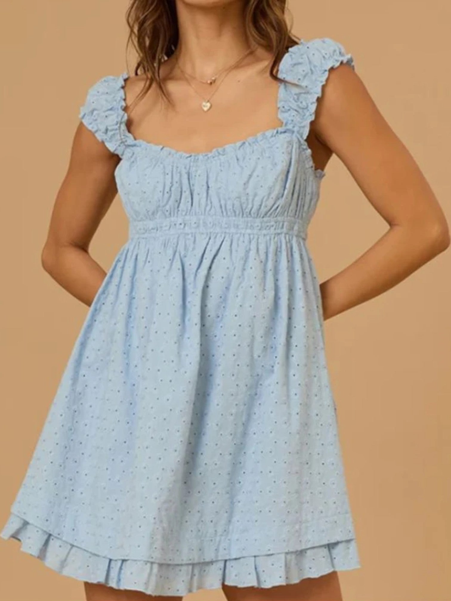 Summer mini dress – sleeveless with embroidery & ruffles