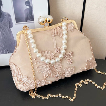 Klassische Mesh-Blumen Clutch – Elegante Perlen-Umhängetasche für Hochzeiten und Partys