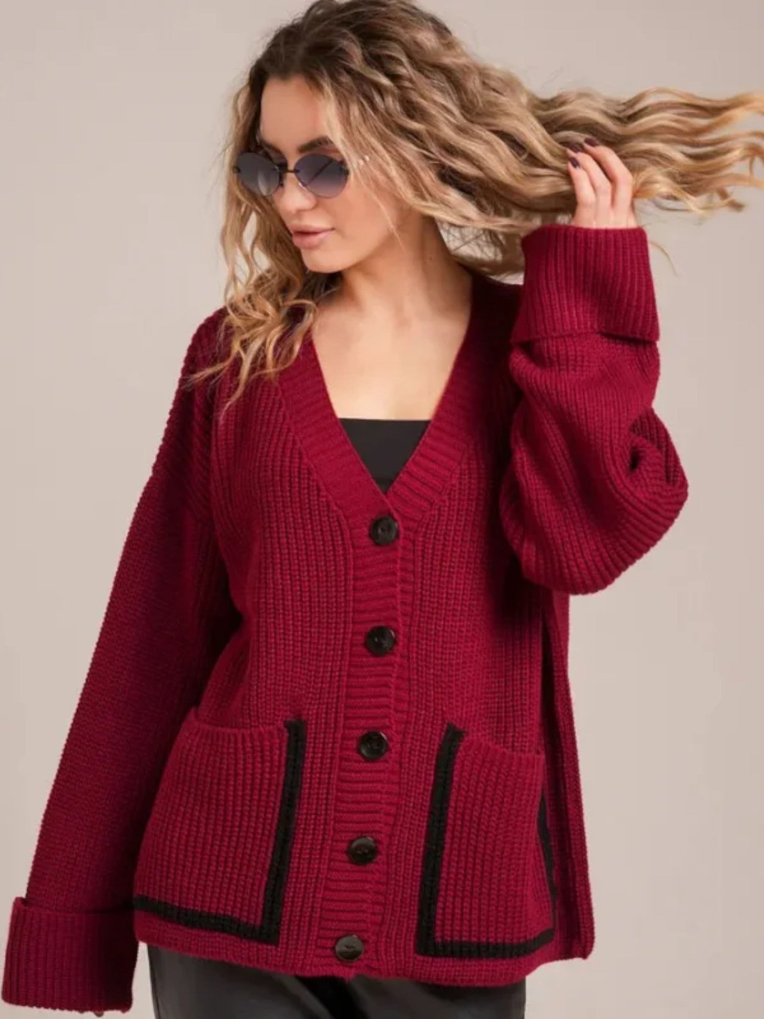 Kontrastfarbener Damen Strick-Cardigan – Eleganter V-Ausschnitt Cardigan mit Taschen | Modischer Strickpullover für Herbst & Winter