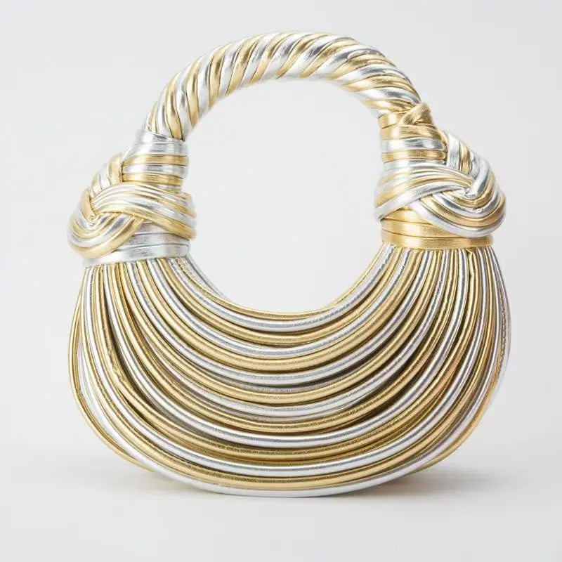 Luxuriöse handgewebte Damen-Handtasche im Hobo-Stil – Goldene 'Noodle Bag' mit Seilknoten, elegante silberne Abend-Clutch, schicke Designer-Tasche