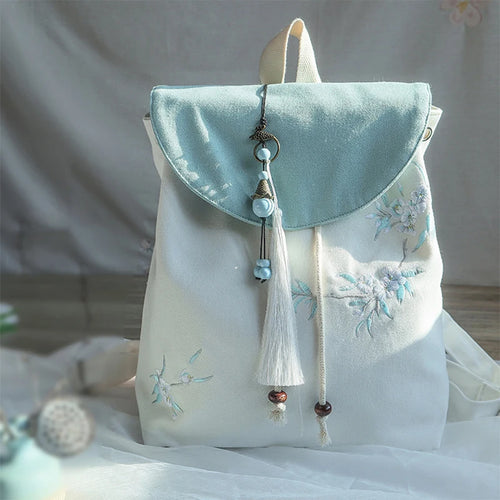 Damen-Rucksack im chinesischen Stil – Bestickte Leinwand-Tasche mit Blumen und Quasten