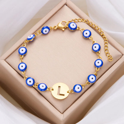 Glücksarmband mit Blauem Auge und Schutz-Anhänger – Edelstahl Kettenarmband mit Initialen A-Z, Böser-Blick Schmuck für Damen