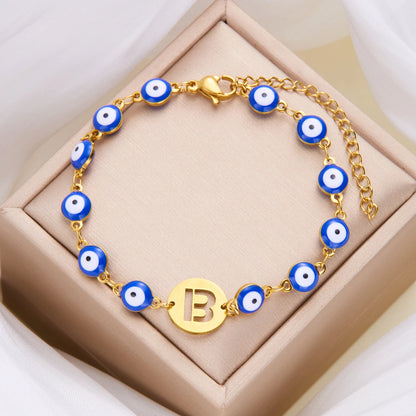 Glücksarmband mit Blauem Auge und Schutz-Anhänger – Edelstahl Kettenarmband mit Initialen A-Z, Böser-Blick Schmuck für Damen