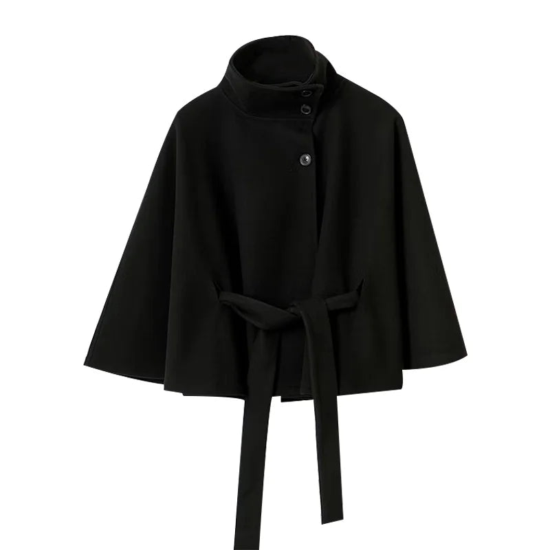 Women's wool coat with stand-up collar & batwing sleeves – autumn elegance