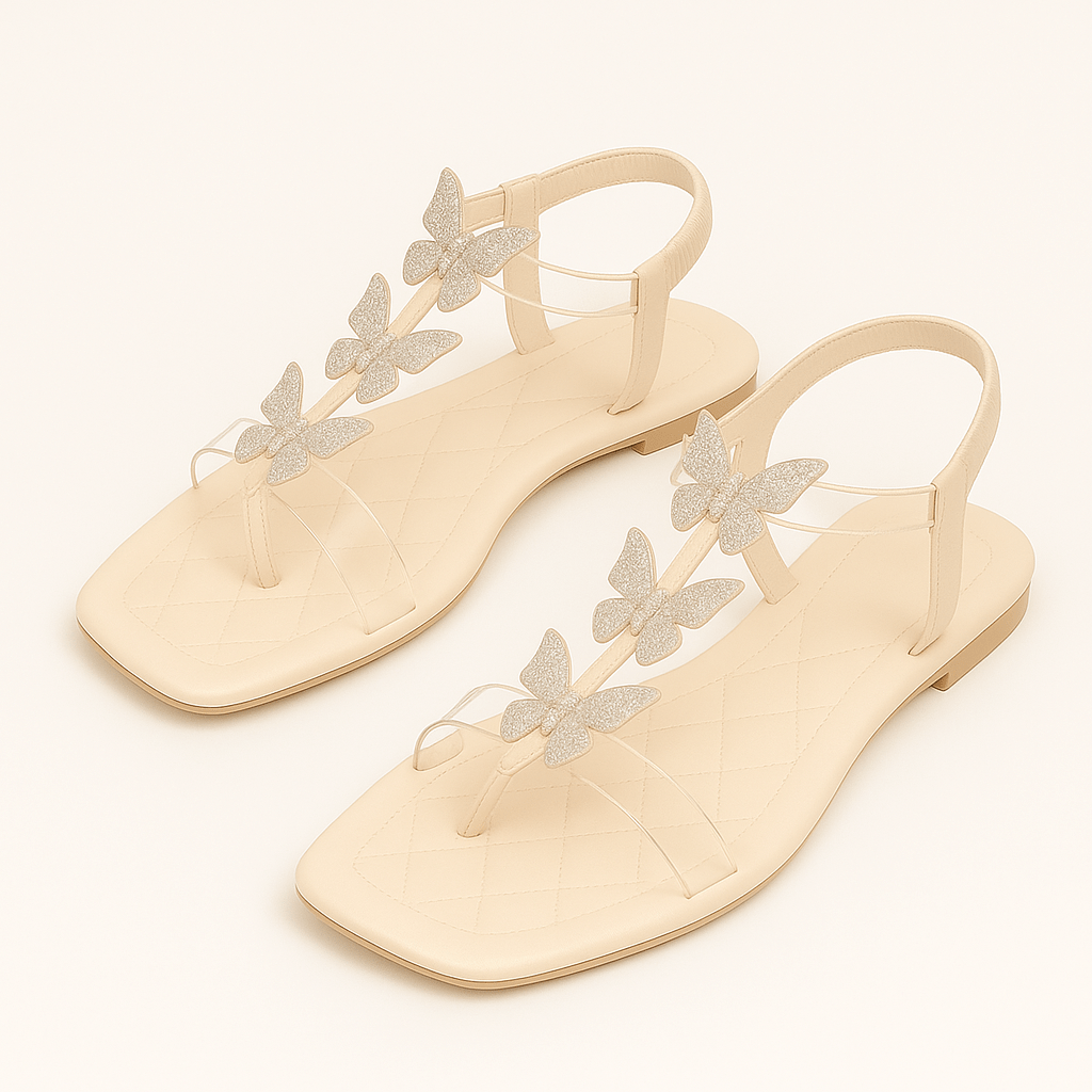 Beige Glitzer - Sandalen für Damen mit Schmetterlingsdesign - Reminora