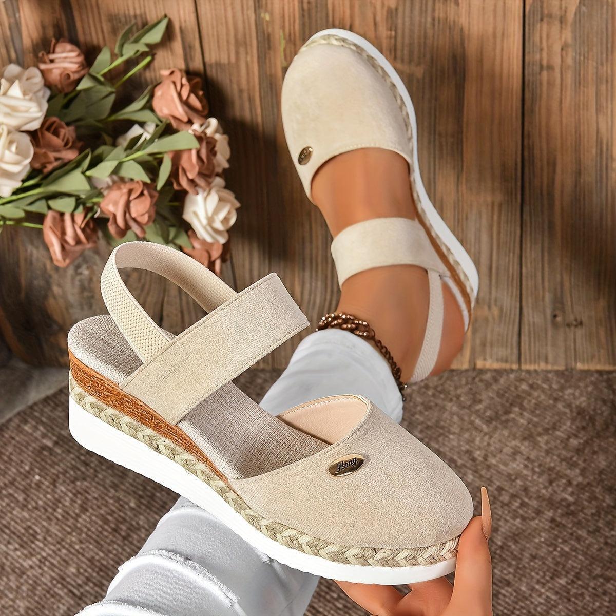 Beige Wedges für Damen mit elastischem Knöchelriemen - Reminora