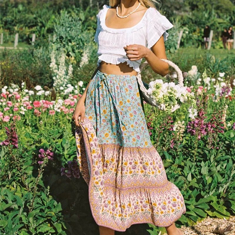 Bohemian Maxirock mit Blumenmuster - Hohe Taille aus Baumwolle - Reminora