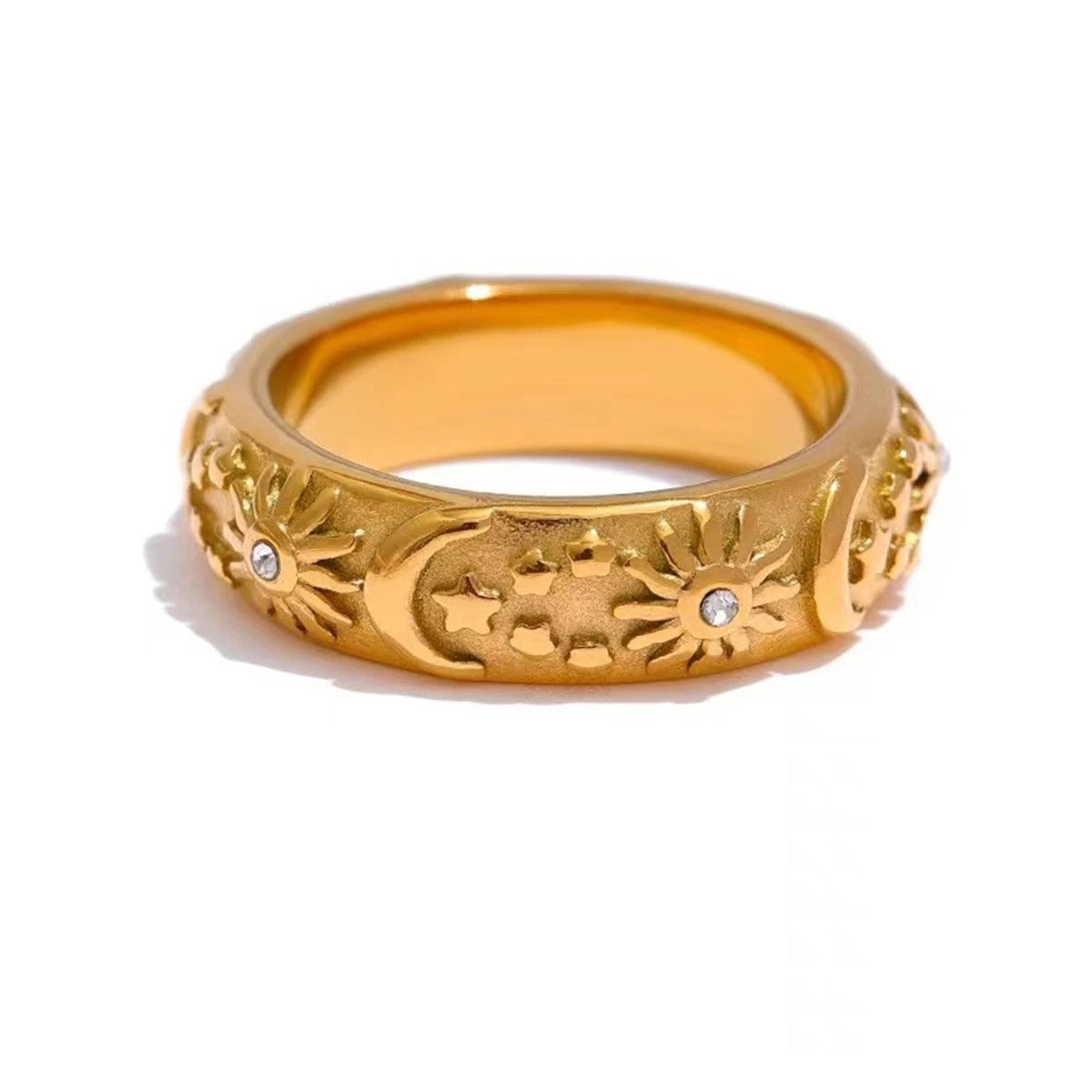 Eleganter Vintage 18K Goldring mit Sonnen-, Stern- und Mondmotiv