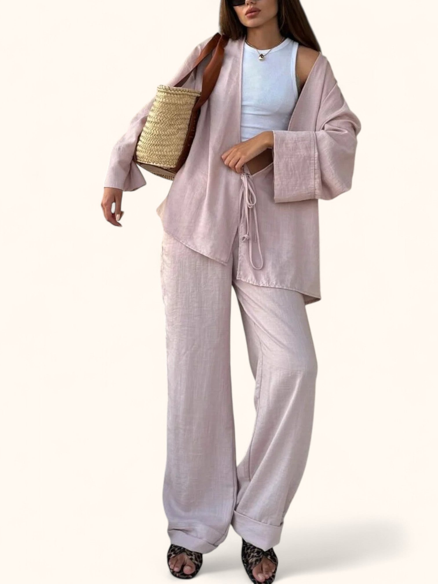 Women's Linen Kimono: Solid Color Slit Shirt & Pants Set